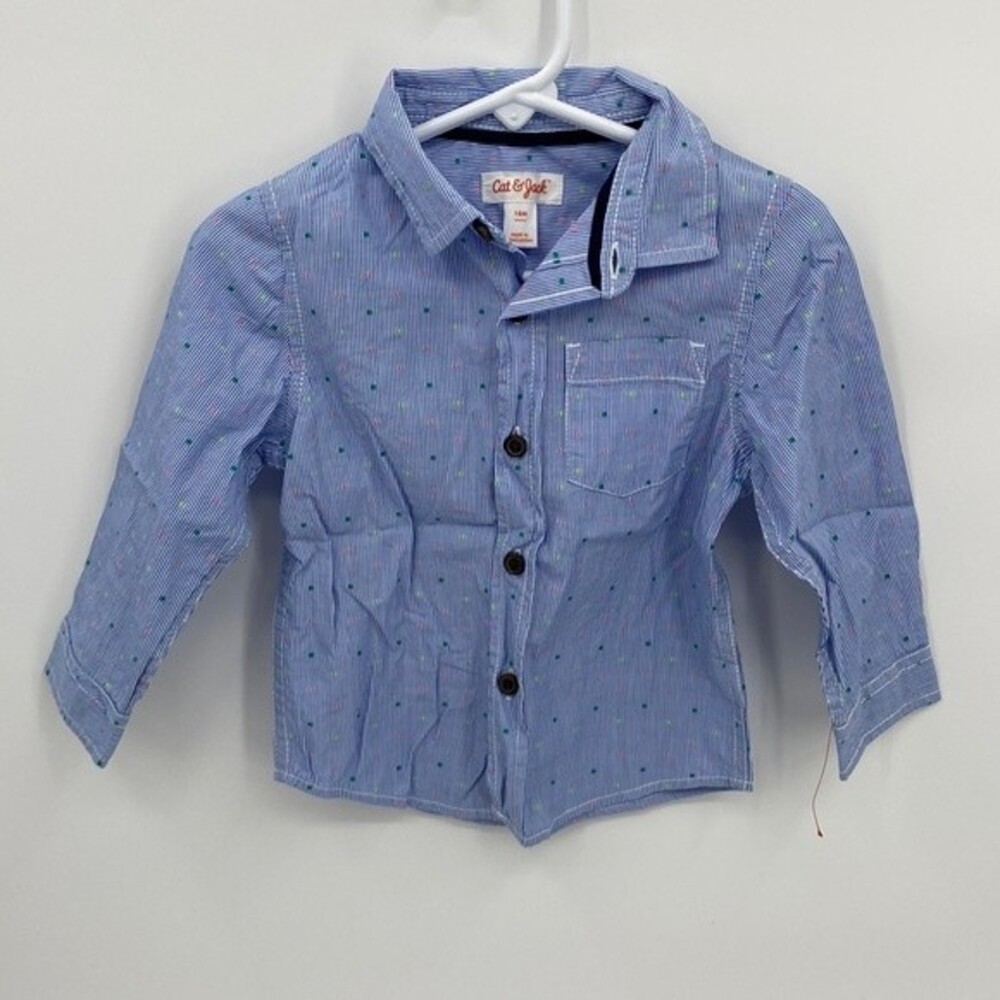 Cat & Jack 18 Mo Blue Button Up Shirt Long Sleeve Pink Polka Dots Striped New